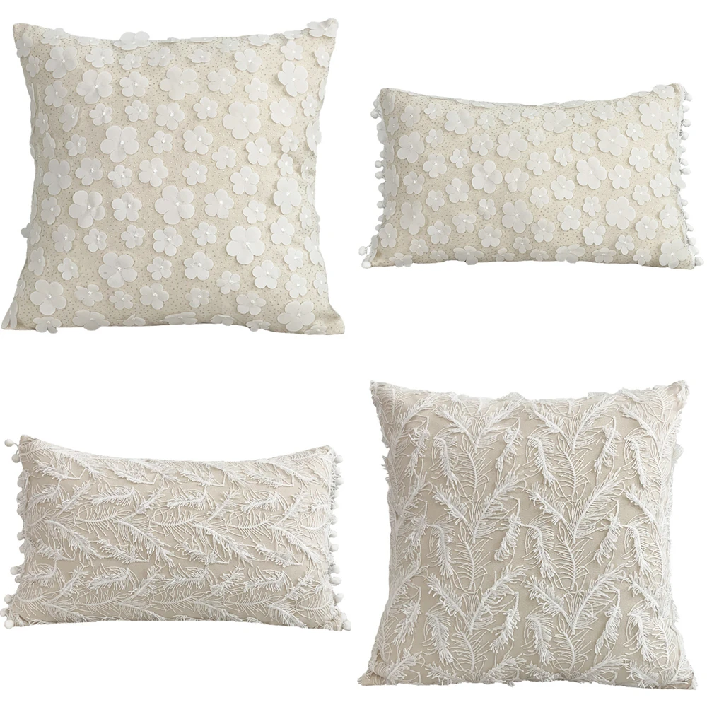 

Luxury Cotton Cushion Cover Three-dimentional Applique Butterfly Flower Feather Pompom Pillow Cover Decorative Pillowcase New