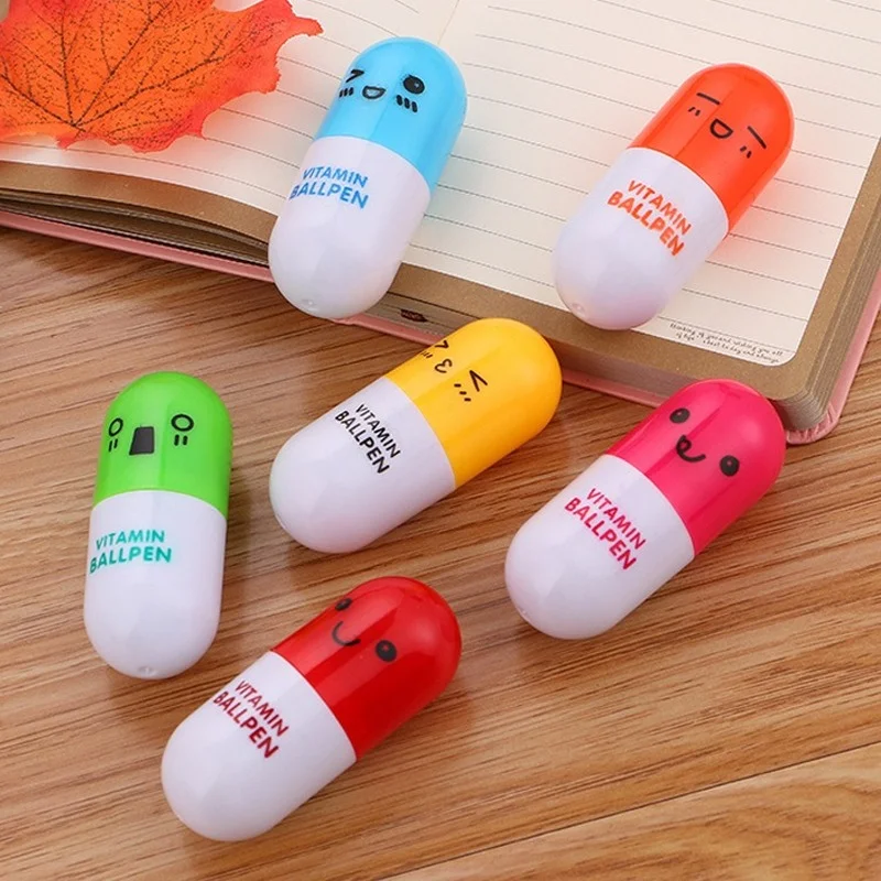 

5Pcs Novelty Pill Shape Ballpoint Pen Cute Telescopic Blue Ink Ballpen Learning Stationery Creative Gift Cute School Supplies