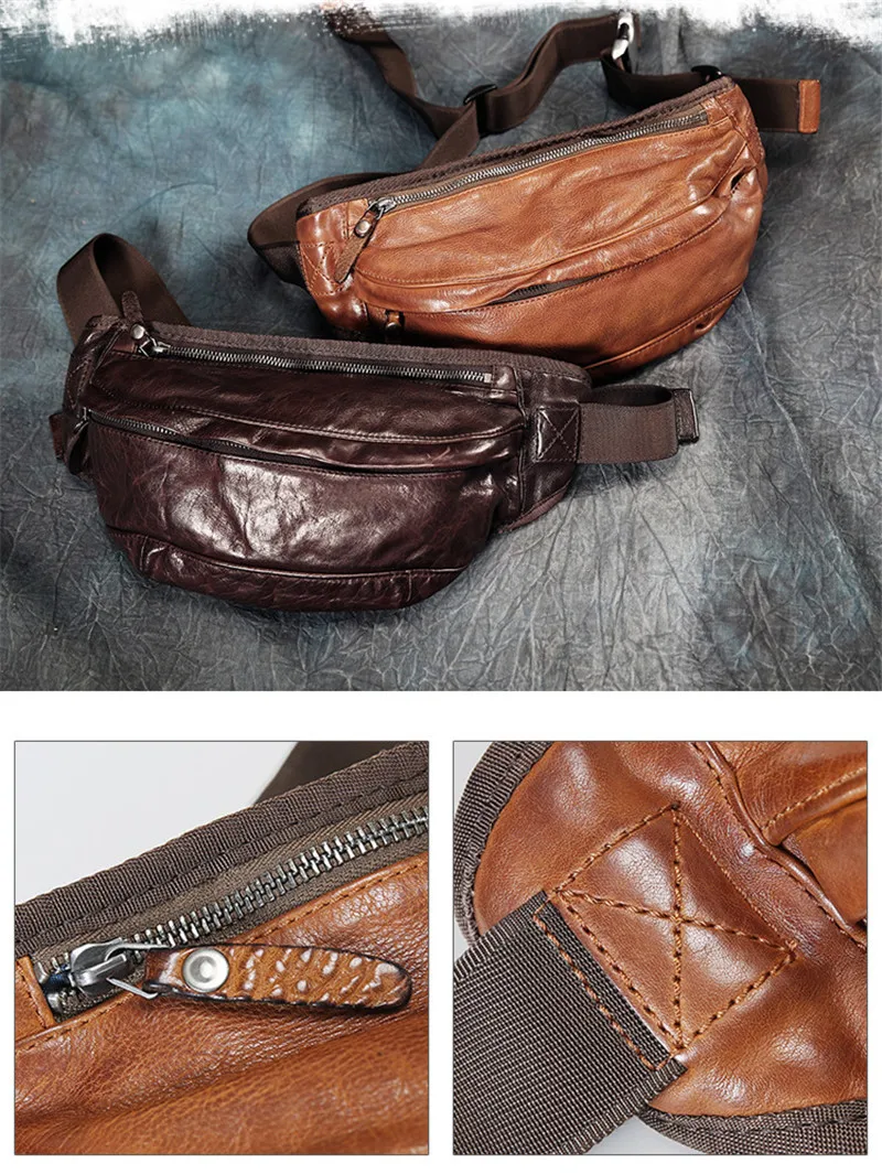 Fashion vintage genuine leather men's chest bag high quality soft real cowhide waist packs casual sports shoulder messenger bag
