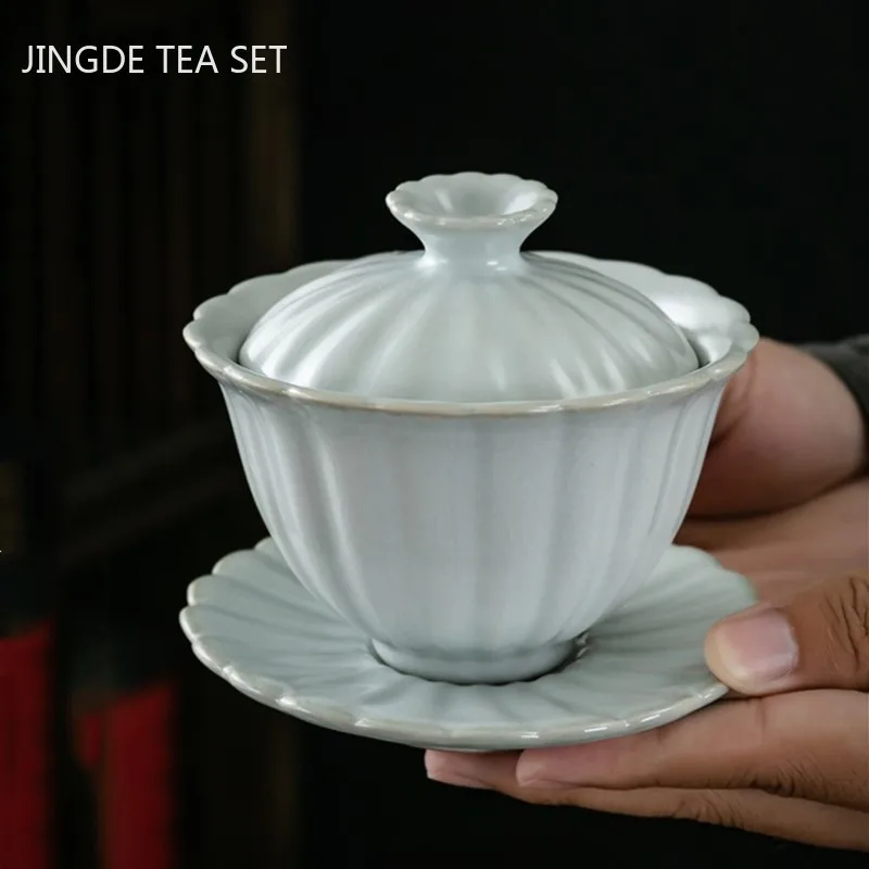 

Customized Ceramic Solid Color Gaiwan Retro Handmade Tea Bowl Chinese Tea Maker with Cover Teacup Boutique Tea Set Supplies