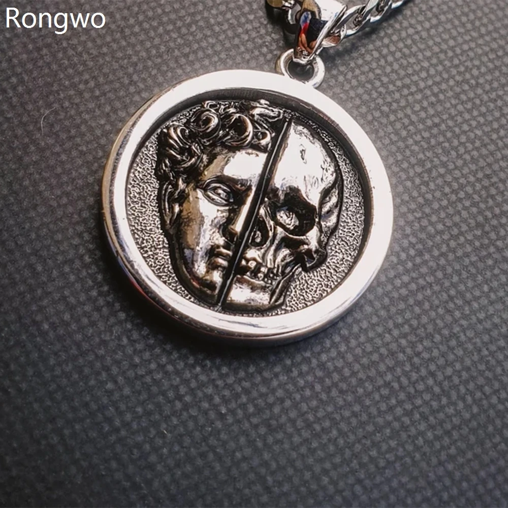 

Rongwo Michelangelo Vintage Pendant Necklace Solid Metal Exquisite Punk Jewelry Currency Round Skull Necklace Gift for Men Boys