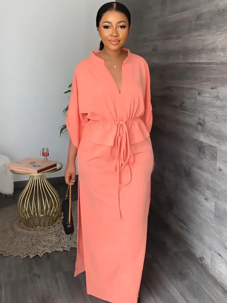 Summer Muslim Fashion Abaya Dubai Dress for Women Sexy V-neck Solid Dresses Lace Up High Waist Loose Robe Arabic Turkish Dresses