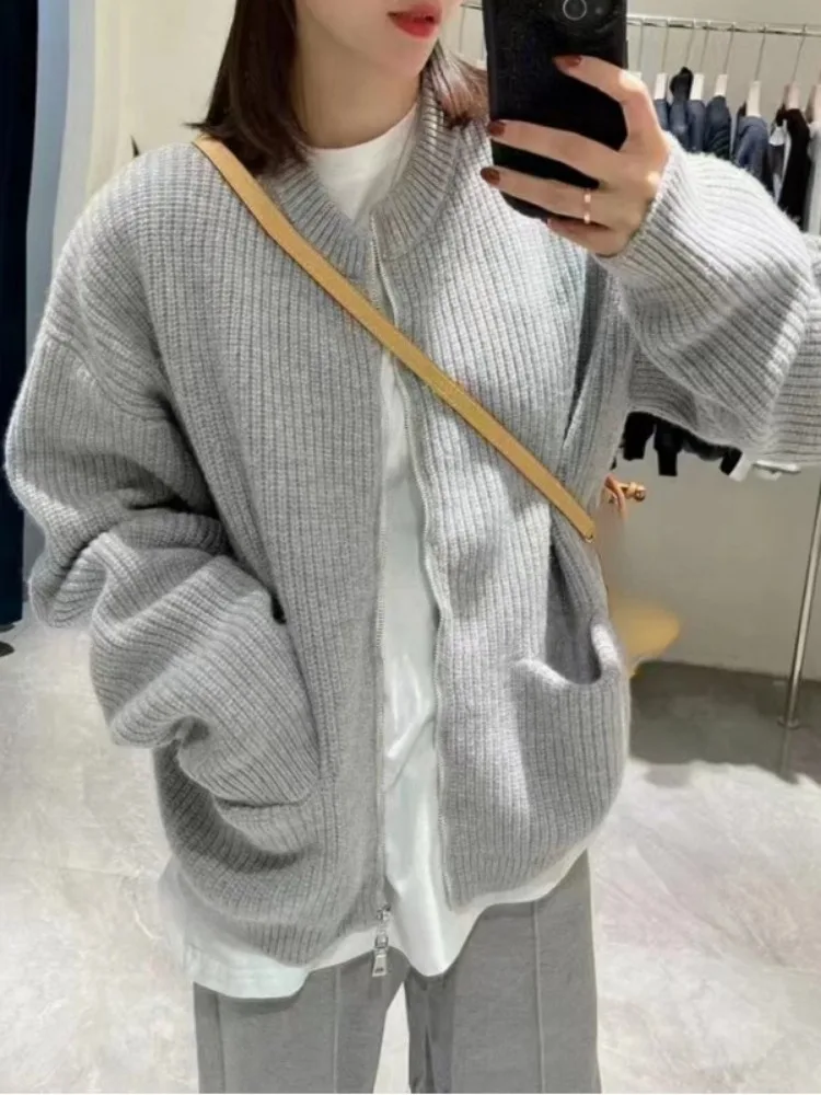 Женский кардиган с двойной молнией повседневный Вязаный Свитер оверсайз одежда