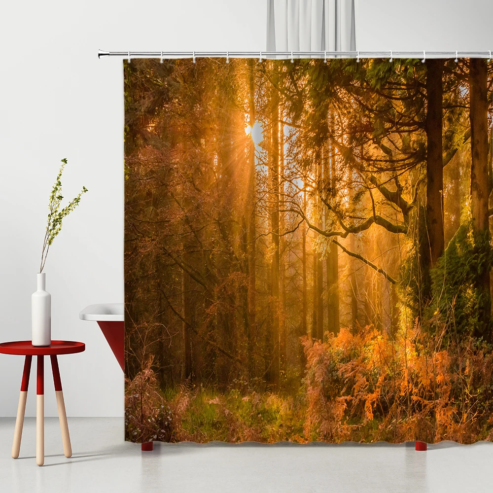 

Autumn Forest Scenery Shower Curtain Jungle Landscape Plants Bathtub Screen Home Bath Decoration Hanging Cloth Bathroom Curtains