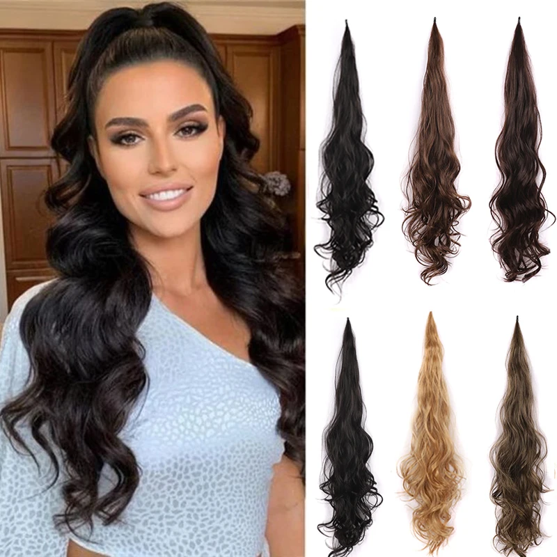 

Synthetic Flexible Wrap Around Ponytail Hair Extensions Black Long Wavy Pony Tail Hairpieces For Women Heat Resistant Fake Hair