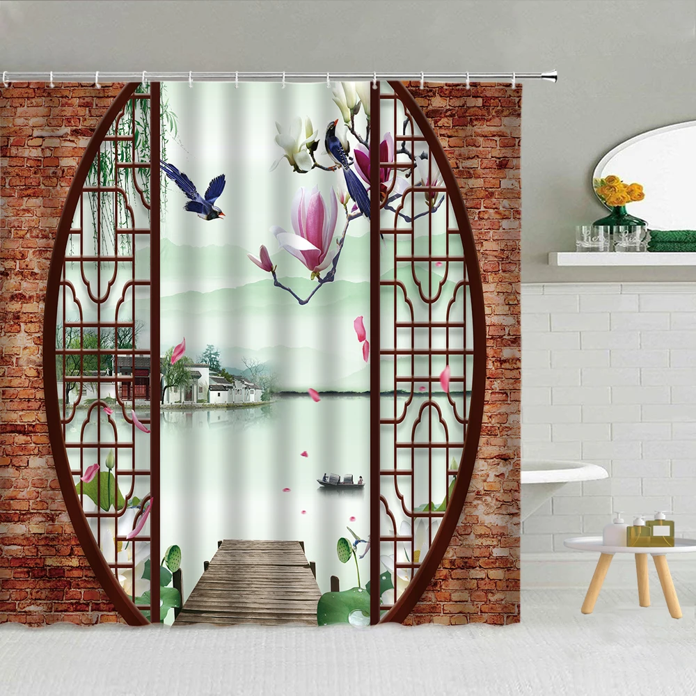 

Занавеска для душа в китайском стиле, декоративная Водонепроницаемая Штора для ванной комнаты с рисунком сада, цветов, птиц, деревьев