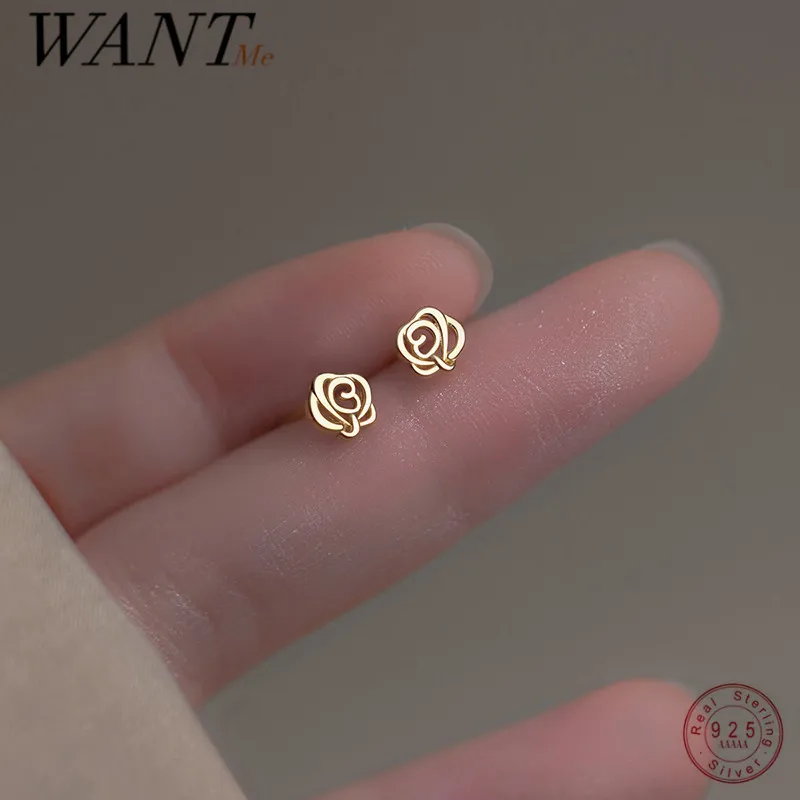 WANTME 925 Sterling Silver Cute Charming Romantic Rose Small Stud Earrings for Women Fashion Simple French Flowers Party Jewelry
