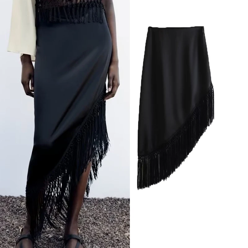 

Black Tassels Skirt Woman Summer Satin Midi Skirt Women High Waist Long Skirts For Women Fashion 2023 Elegant Women's Skirt