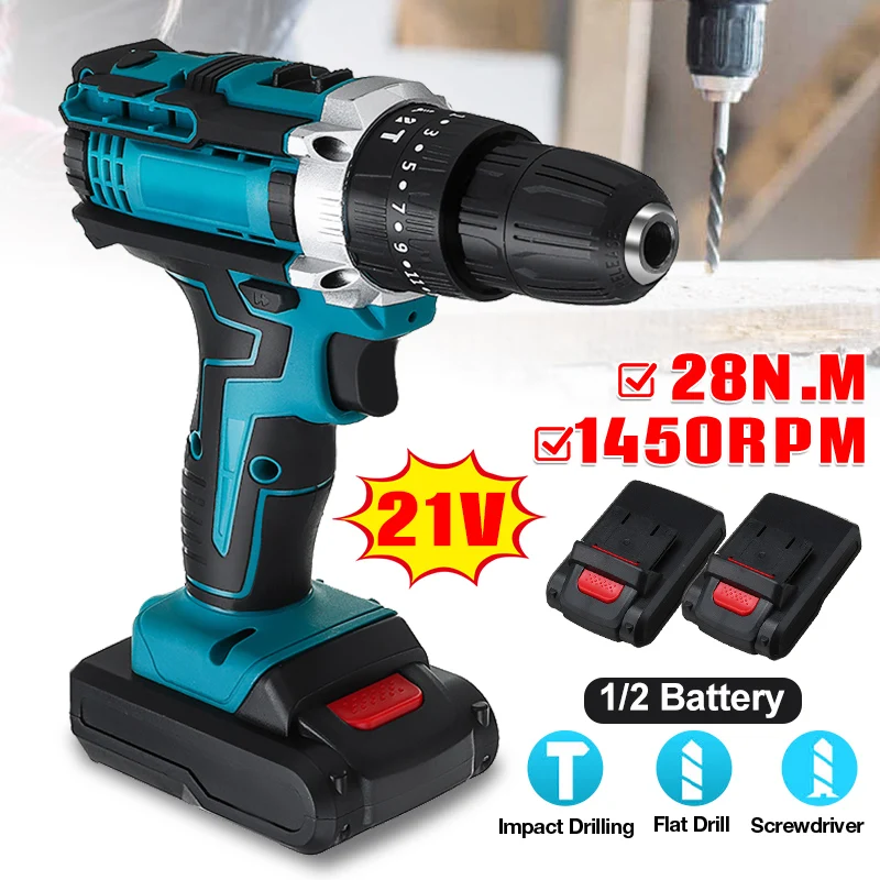 

21V Cordless Impact Drill Electric Screwdriver Dual Speed 25+3 Torque Power Driver With 1/2pcs Rechargeable Lithium-Ion Battery