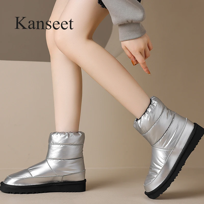 

Женские зимние ботинки Kanseet с круглым носком, Зимние Теплые ботильоны серебристого и черного цвета на среднем каблуке 2023 см, короткие ботинки для женщин, размеры 43, 4,5