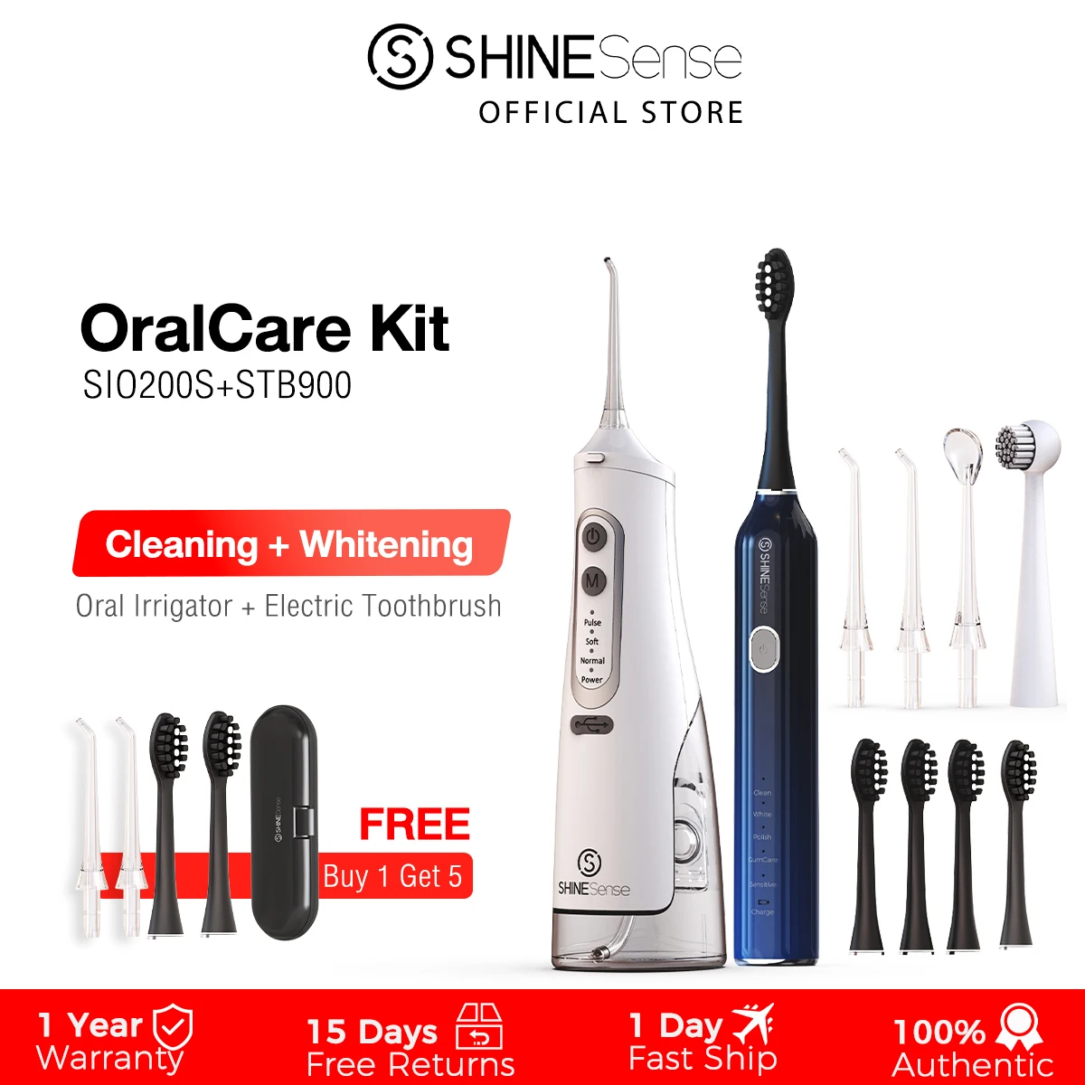 

ShineSense Oral Irrigator Dental Water Flosser and Electric Toothbrush Set with USB Charging IPX7 Waterproof for Teeth Whitening
