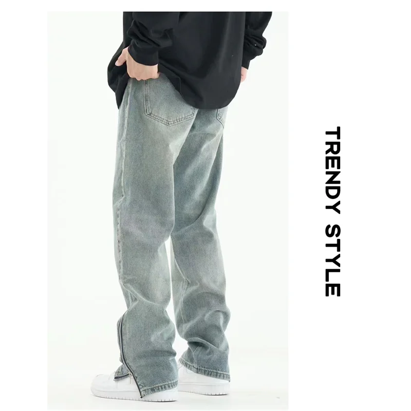 Streetwear Men Street Retro Side Zip Straight Jeans Loose Wide Leg Sagging Temperament Trousers Large Autumn and Winter Female