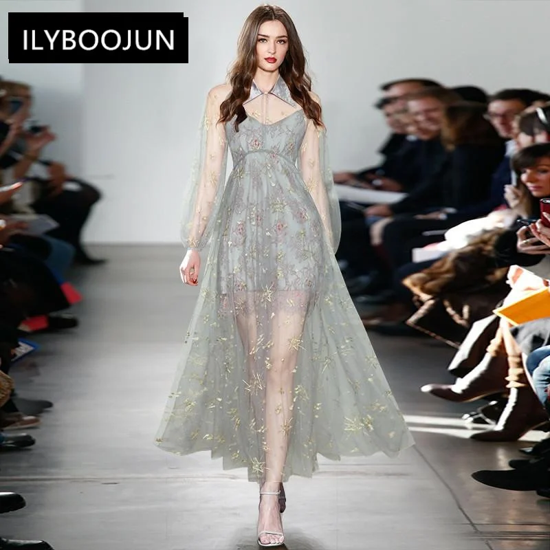 

Fashion Designer Summer Long Sleeve Dress Women's Perspective Mesh Embroidery Sexy Party Club Dress