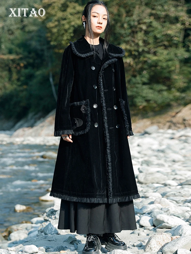 

XITAO Vintage Elegant Blends Double Breasted Turn-down Collar Women Spliced Casual Temperament Coat New Winter FBB1028