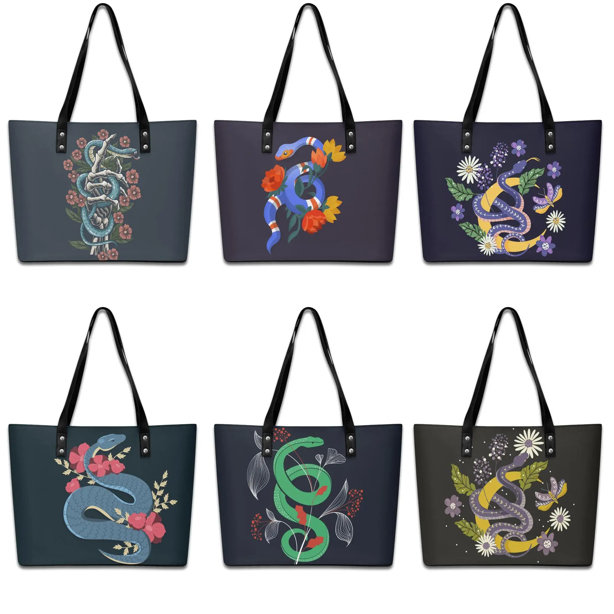 

Snake Flower Designer Faux Leather Women Tote Bag Big Size Zipper Laptop Shoulder Bag For Travel