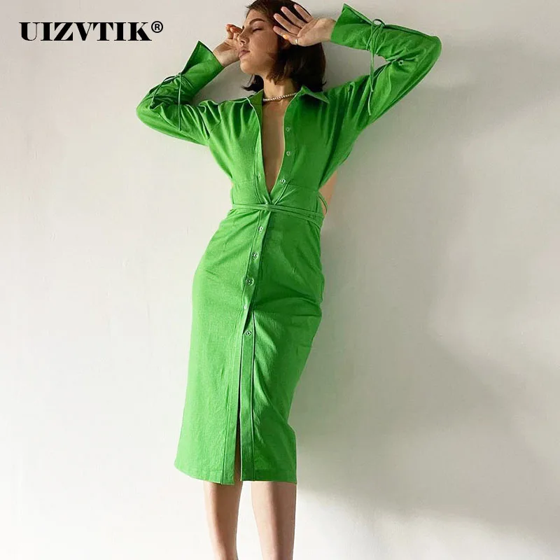 

Женское хлопковое ажурное платье-рубашка средней длины, зеленое Элегантное однобортное праздничное платье на завязках, лето-осень 2022