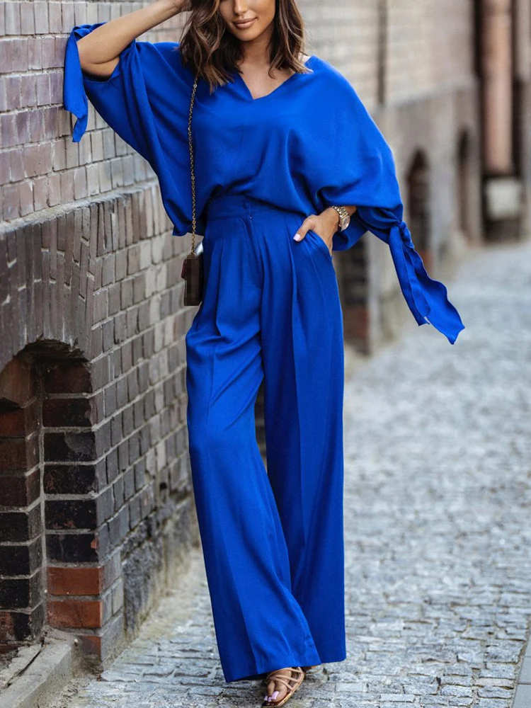 

Office Fashion Commuter Suit Women Elegant V Neck Blouse and Button Straight Pant Outfits Casual Long Sleeve Loose Solid 2Pc Set