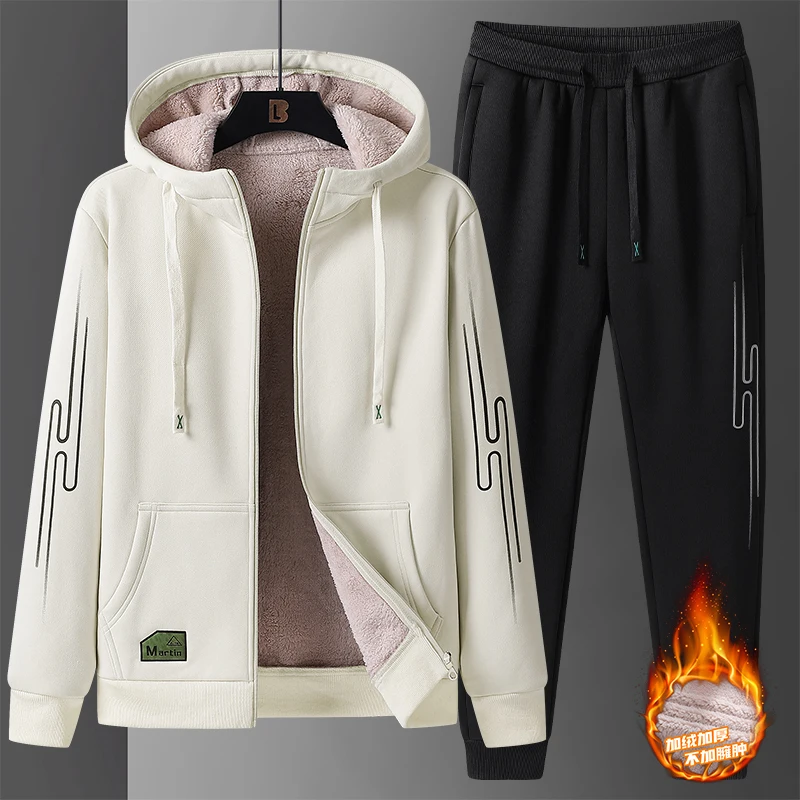 Mens Lamb cashmere Sets Tracksuit Men Winter wool Hooded Sweatshirt Thick Warm Sportswear Male Suit Two Piece Set Casual Sets