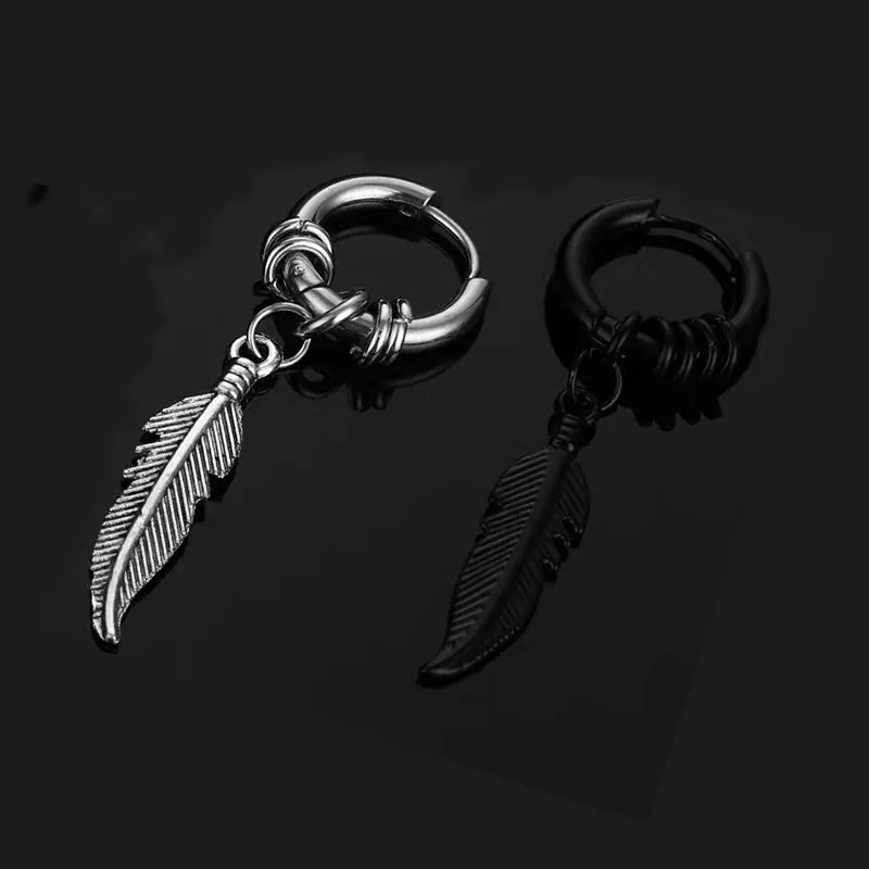 

KERLA 1PCS Unique Feather Pendant Hoop Earrings For Women Men Punk Style Dangle Drop Jewelry Gifts 925 Silver Ladies