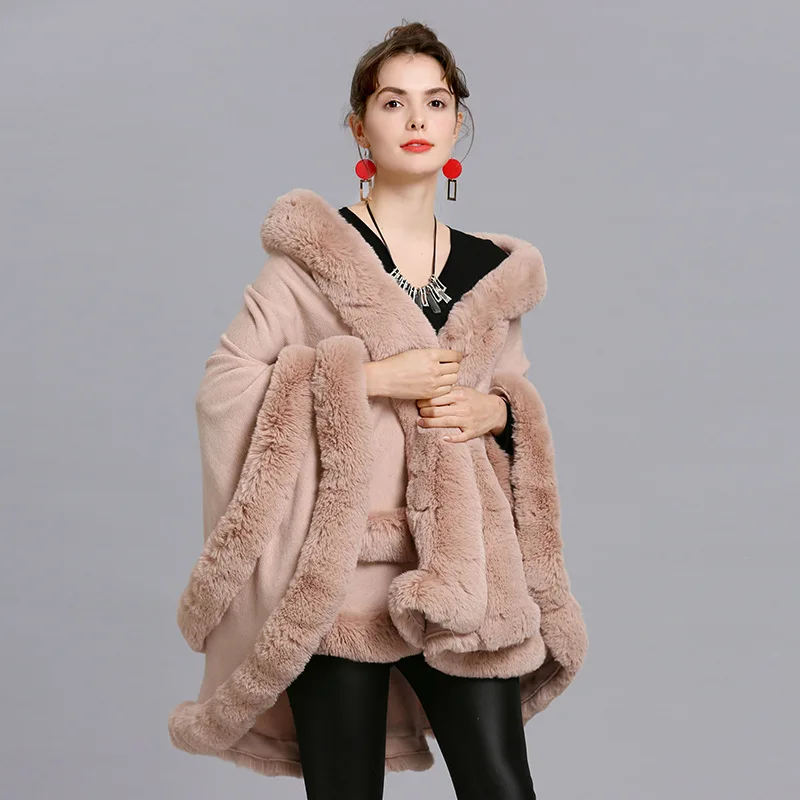 Fox fur collar fur hooded knitted cardigan shawl cloak coat