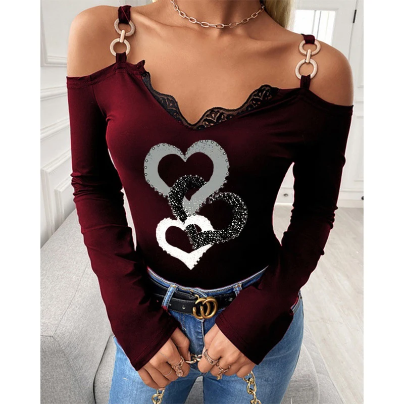 

Spring Sexy Slim Chain Straps Shirts Women Popular Fashion Hearts Pattern Printed Tops Pullover Elegant Office Lady Base Blouses