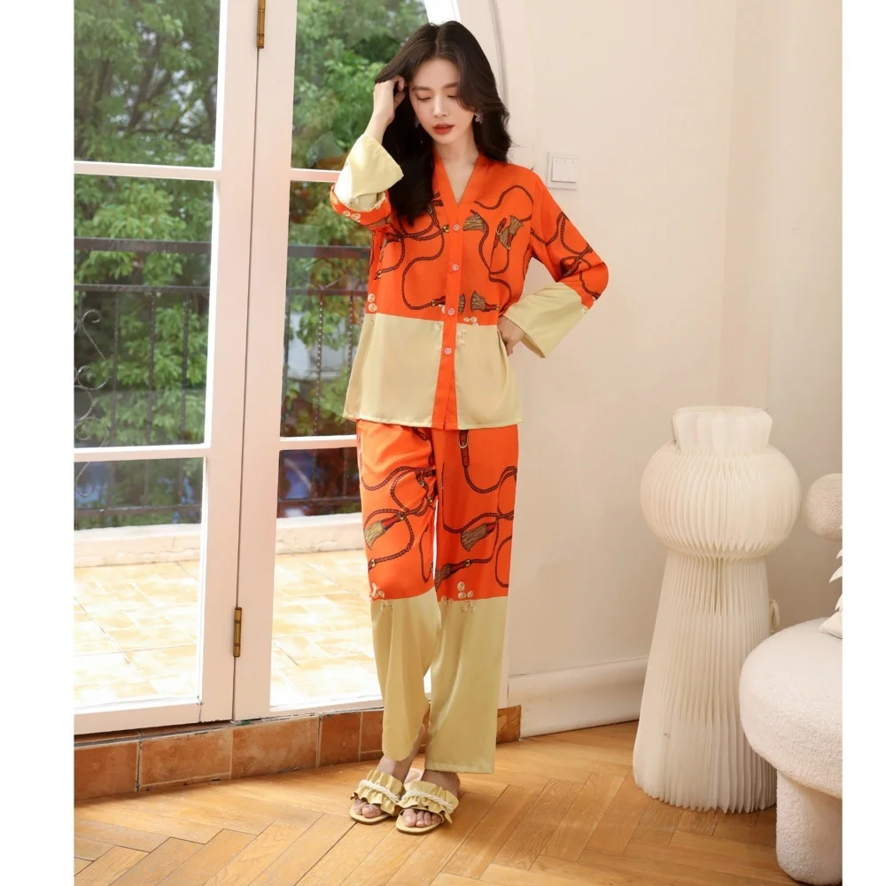 Lisacmvpnel Spring New Ice Silk Women Pajama Set Print Fashon Long Sleeve Suit Pyjamas Cardigan High Quality Suit Sleepwear