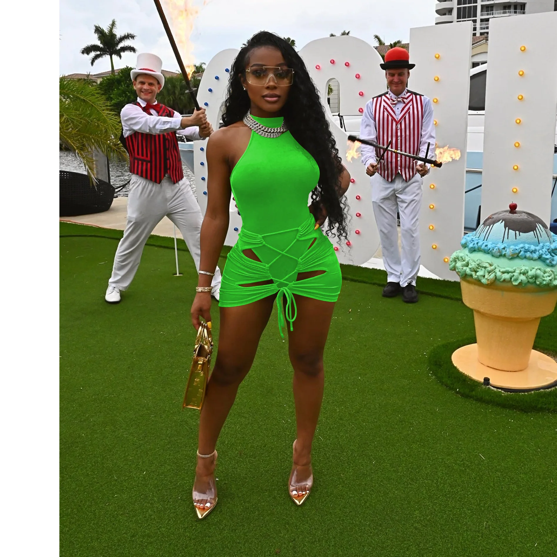 Женский пляжный летний комплект из двух предметов неоновый цвет боди без рукавов