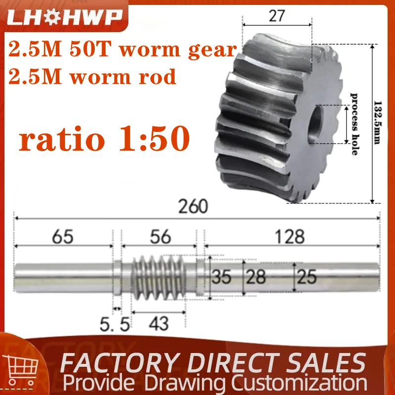 

1 sets 2.5 Modulus 2.5M Worm rod with worm gear 2.5M 50T 50 teeth 45# steel reduction ratio 1:50 worm rod with process hole