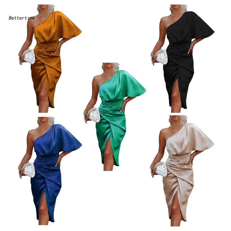 

B36D Women One Shoulder Batwing Sleeve Slim-Fit Midi Dress Sexy Asymmetrical Ruched Wrap Split High Waist Bodycon Dresses