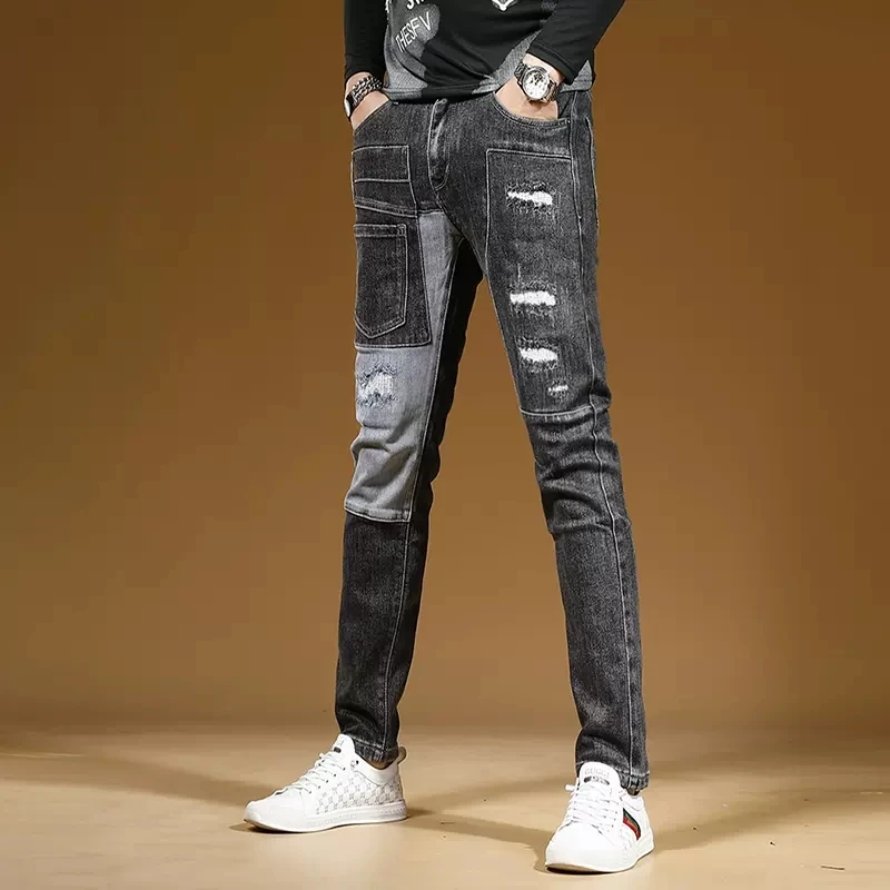 Autumn Black Ripped Jeans Men Streetwear Slim Fit Pencil Pants Fashion Casual Patchwork Stretch Denim Trousers