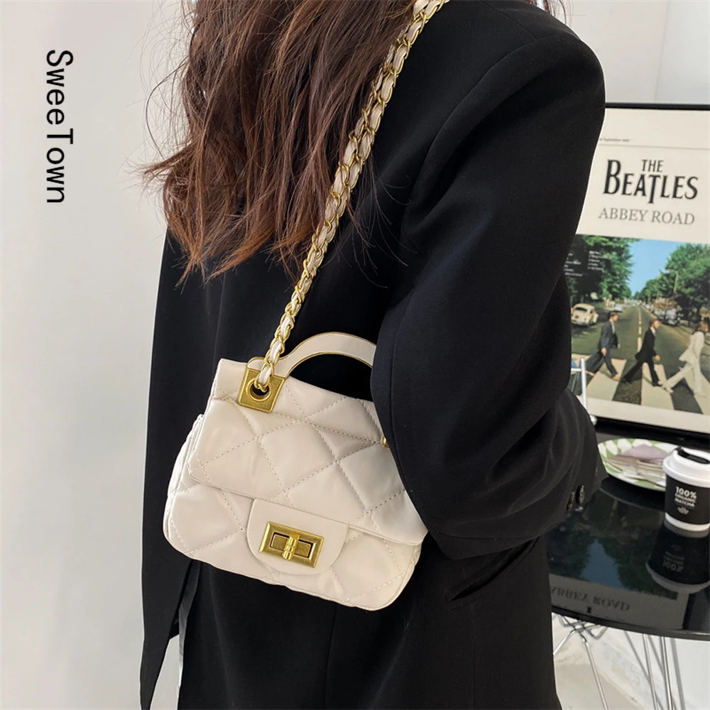 

Sweetown 2022 New Jelly Bag Fashion Personality Rhombic Bag Shoulder Handbags Metal Chain Messenger Bag Women Crossbody PU Bag