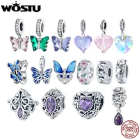 wostu authentic 925 sterling silver heart flowers butterfly beads charms pendant fit bracelets women party diy fine jewelry gift