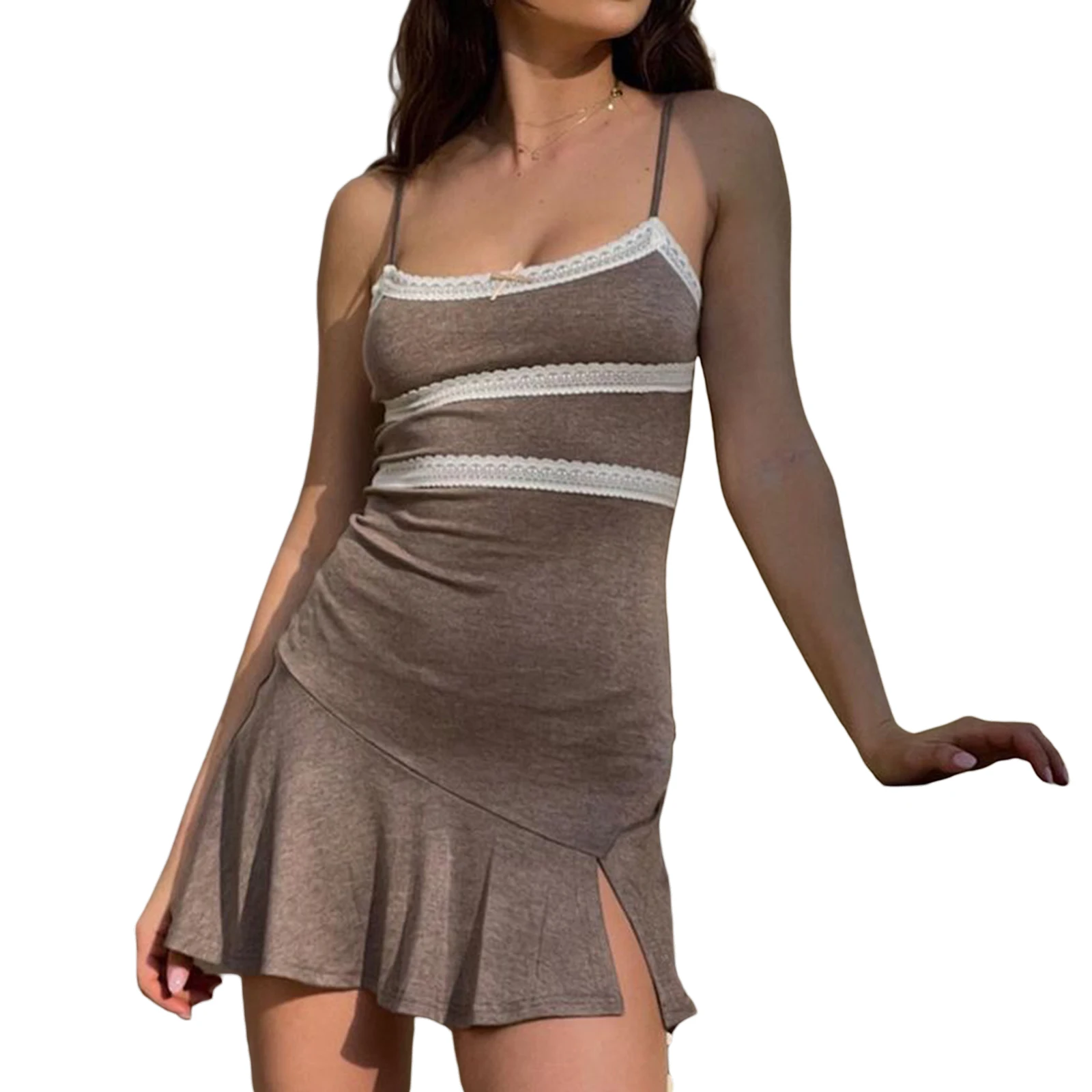 

Summer Women's Sling Mini Dress Sleeveless Casual Backless Lace Trim Club Party Bodycon Dress