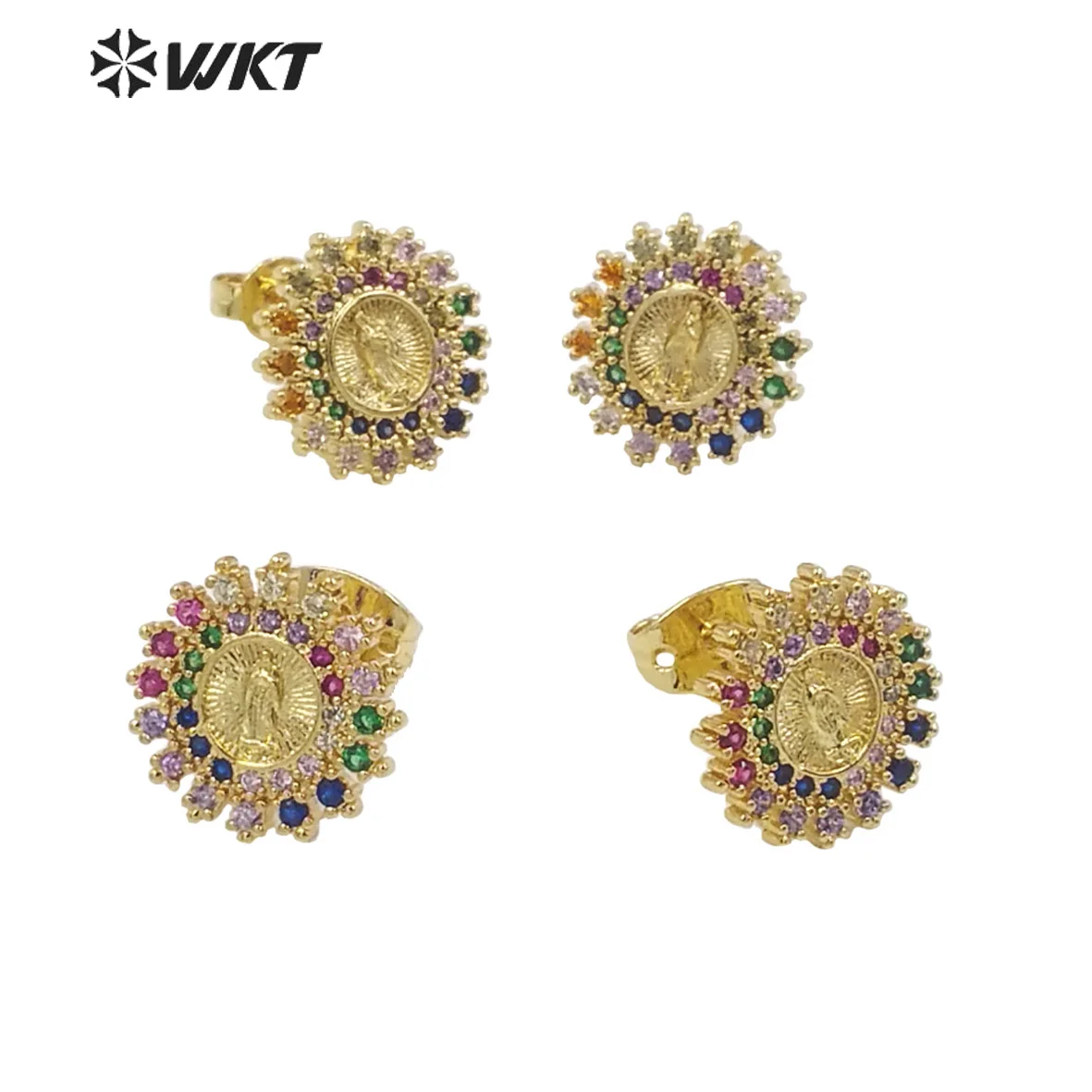 Фото WT-ME102 Новые модные серьги-гвоздики с микроинкрустацией цветными кубическими циркониями в форме Девы Марии, религиозные серьги для женщин №1
