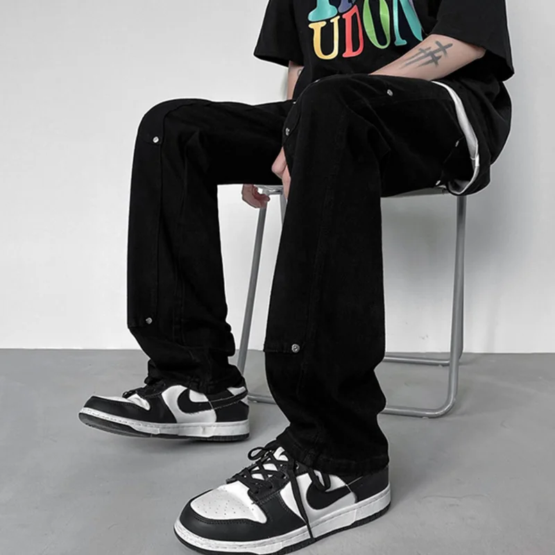 Streetwear Men Recreational Vintage Rivet White Jeans 2022 Fashion New Versatile Loose Straight Cylinder Trousers Autumn Female