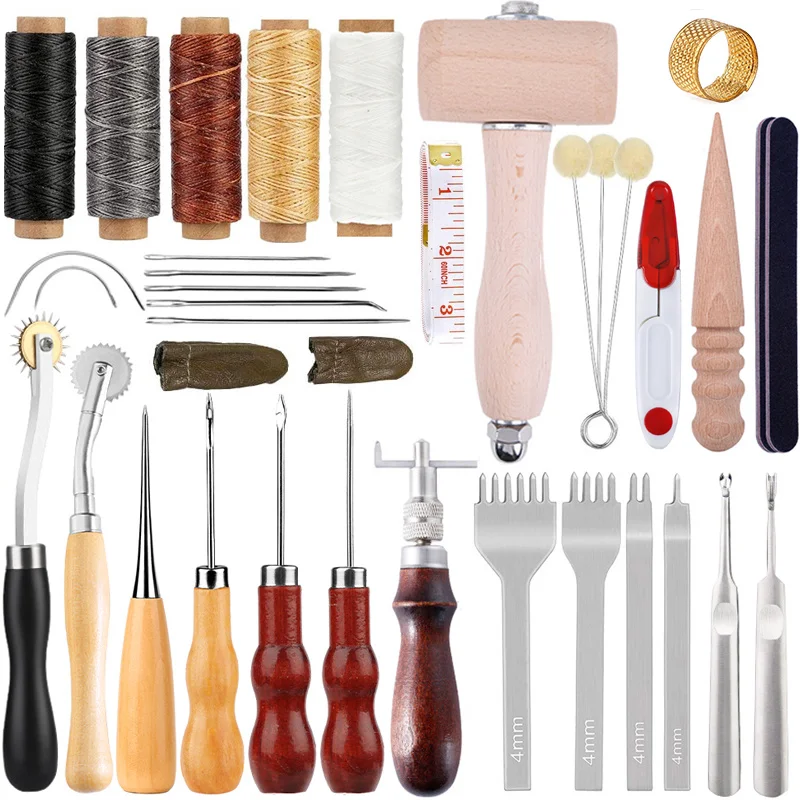 

Набор инструментов для перфорации кожи с шилом, вощеная нить, перфоратор для шитья, перфорация, кожевенное ремесло