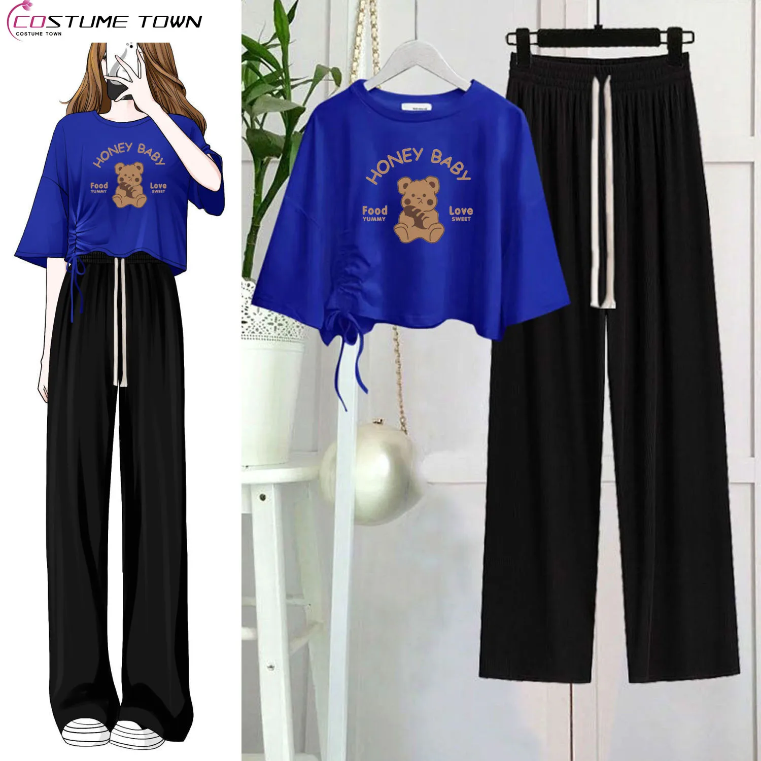 

Fashion Korean Version Ice Silk Straight Tube Wide Leg Pants Show Thin and Age Reducing Loose Short Top Two-piece Set