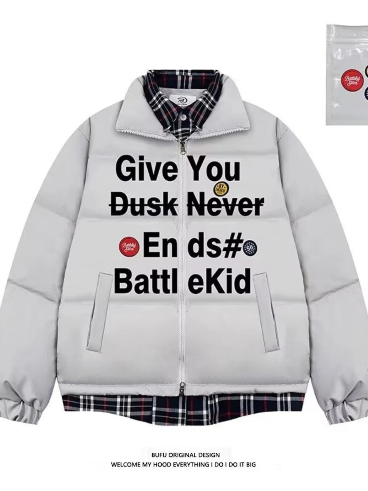 Fake Two-Piece Letter Print Stand Collar Cotton-padded jacket Outerwear Men's and Women's Winter National Fashion Thickened C...