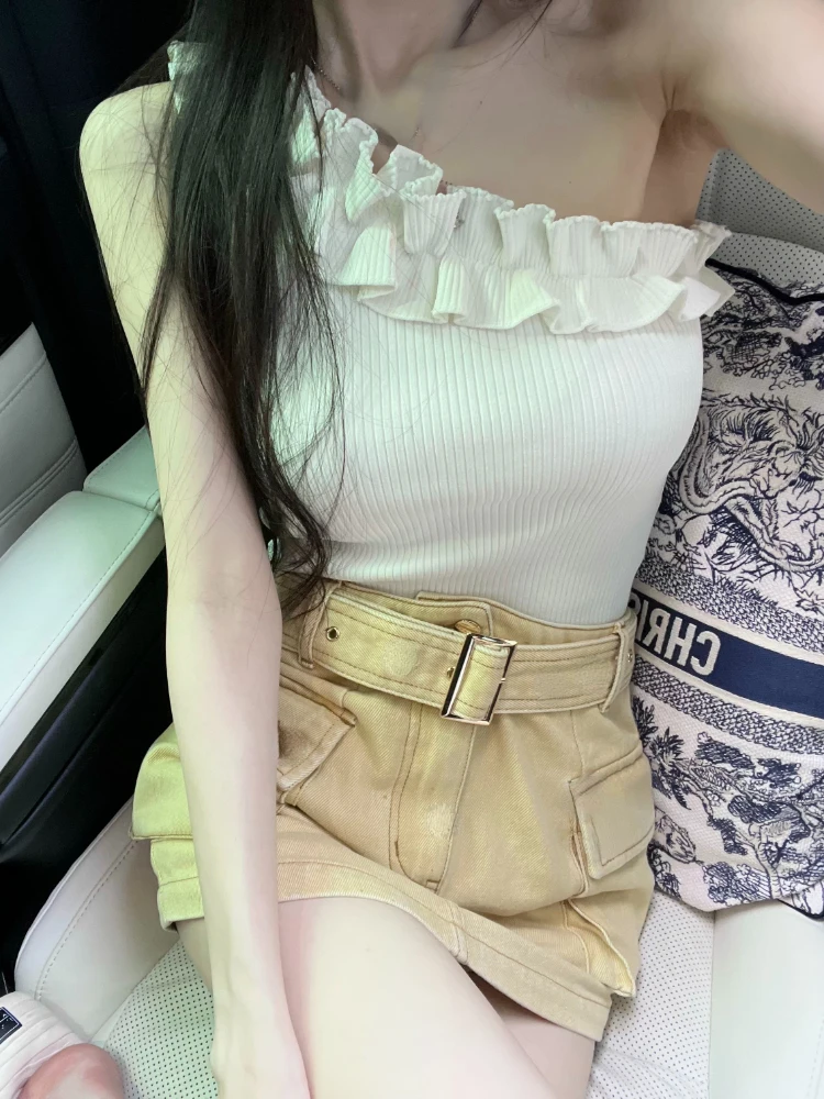 

2022 Summer Korean Style Fashion Sleeveless Vest Pure Color Casual Crop Tops Basic Slim Bodycon Blouse Woman Sexy Clothing Chic
