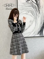 Women dress Pullover V-Neck Slim A-line black lattice pattern High waist soft knitting Long sleeve Knee-Length skirt S M L XL