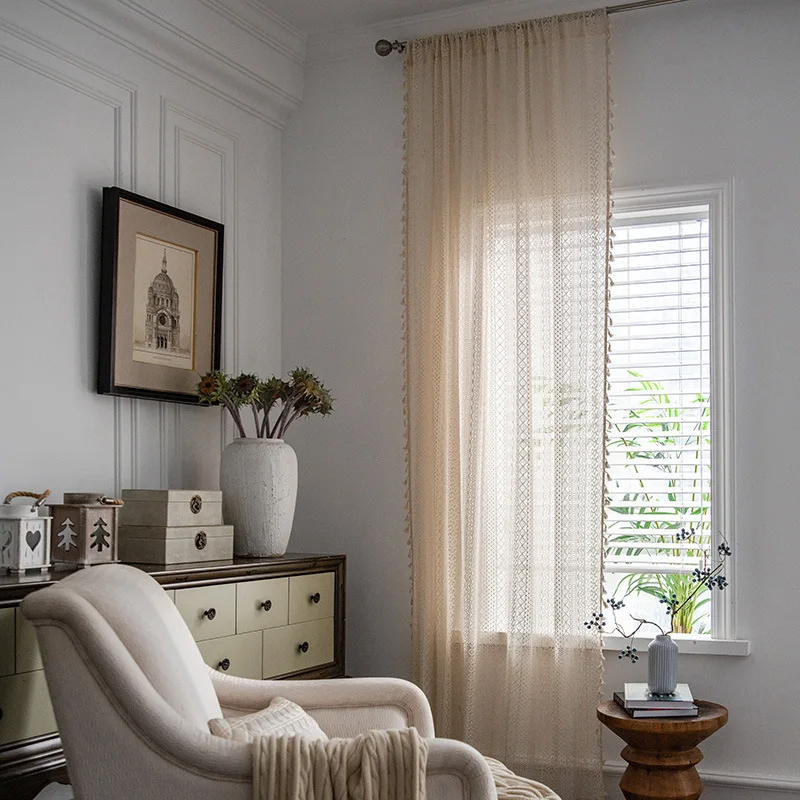 

Boho Chic Crochet Geometry Knitted Window Curtains Farmhouse Retro Beige Drape Simi Sheer Curtain for Bedroom Living Room TJ7036