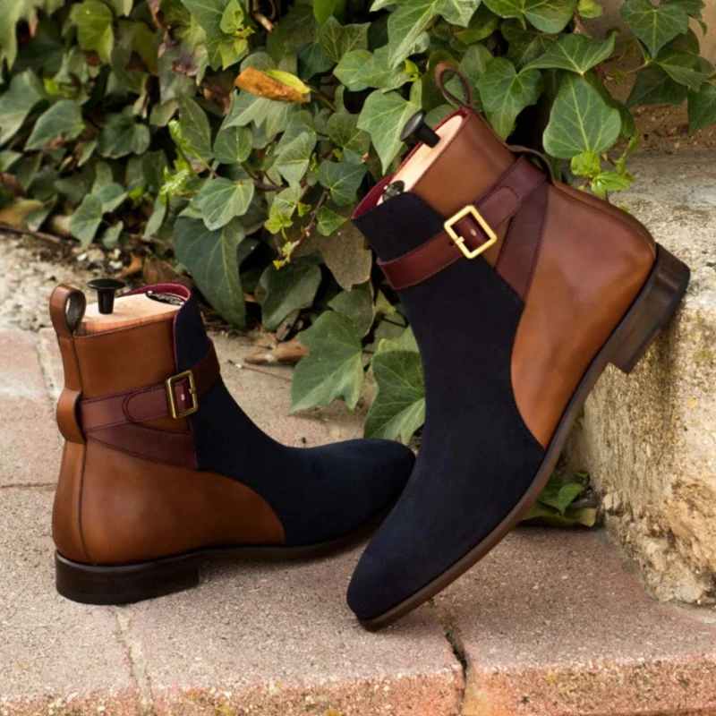 

Ботильоны мужские клетчатые, флоковые Ботинки Челси, с ремешком и пряжкой, обувь для работы, пустынные, синие, коричневые