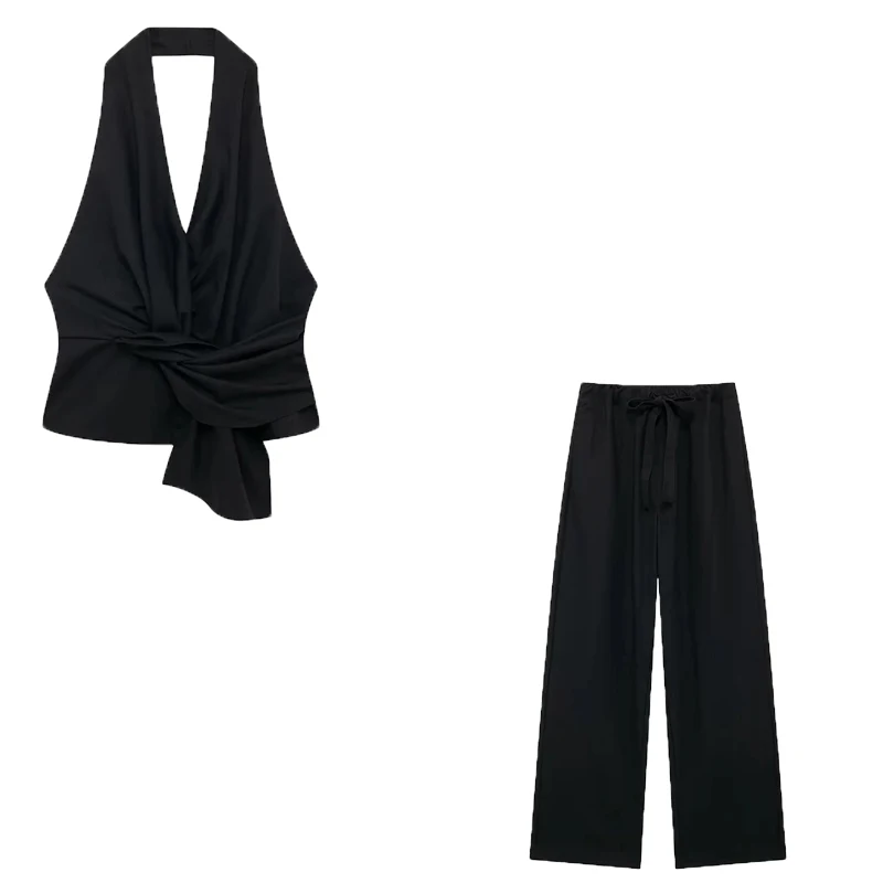 YUEYANG Женский Модный Комплект Из Топа И Брюк С Шейным Ремешком V-образным Вырезом