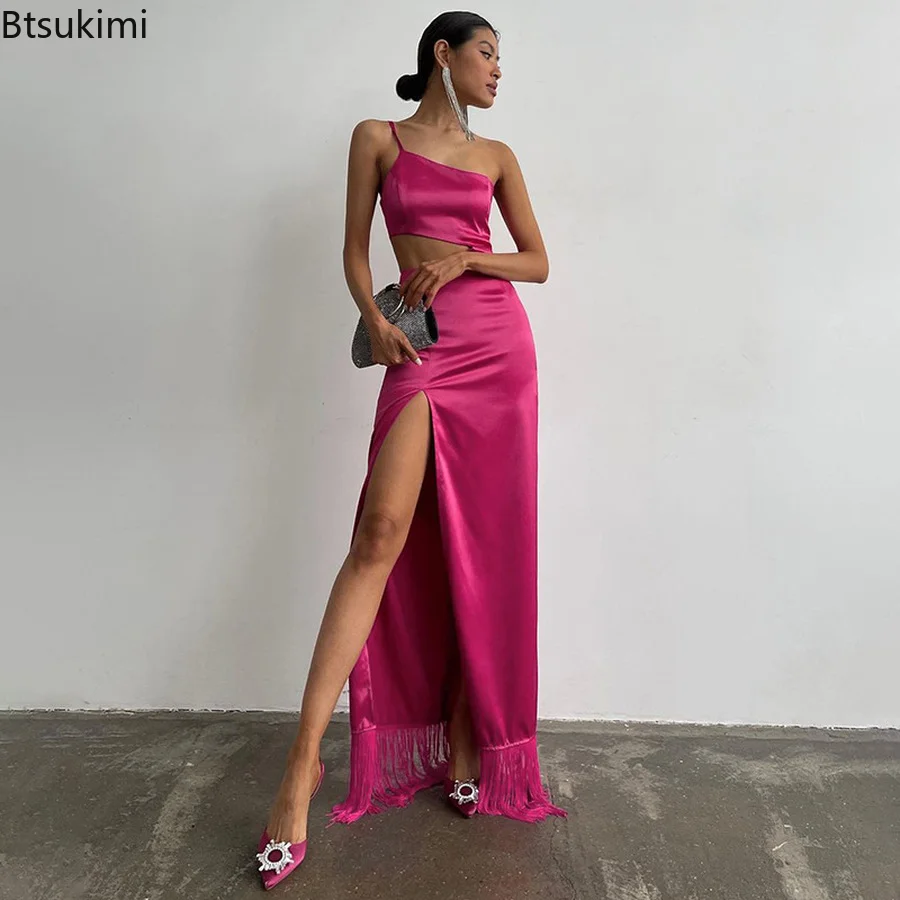 

2022 Summer Elegant Women Diagonal Tassels Long Slip Party Dresses Sexy Off Shoulder Hollow Out High Split Maxi Evening Dress
