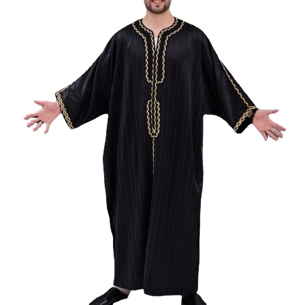 Abaya For Men Arabic Islamic Pakistan Abaya Muslim Men Robe Loose Casual V-neck Middle Sleeves Robe Muslin Men Clothing