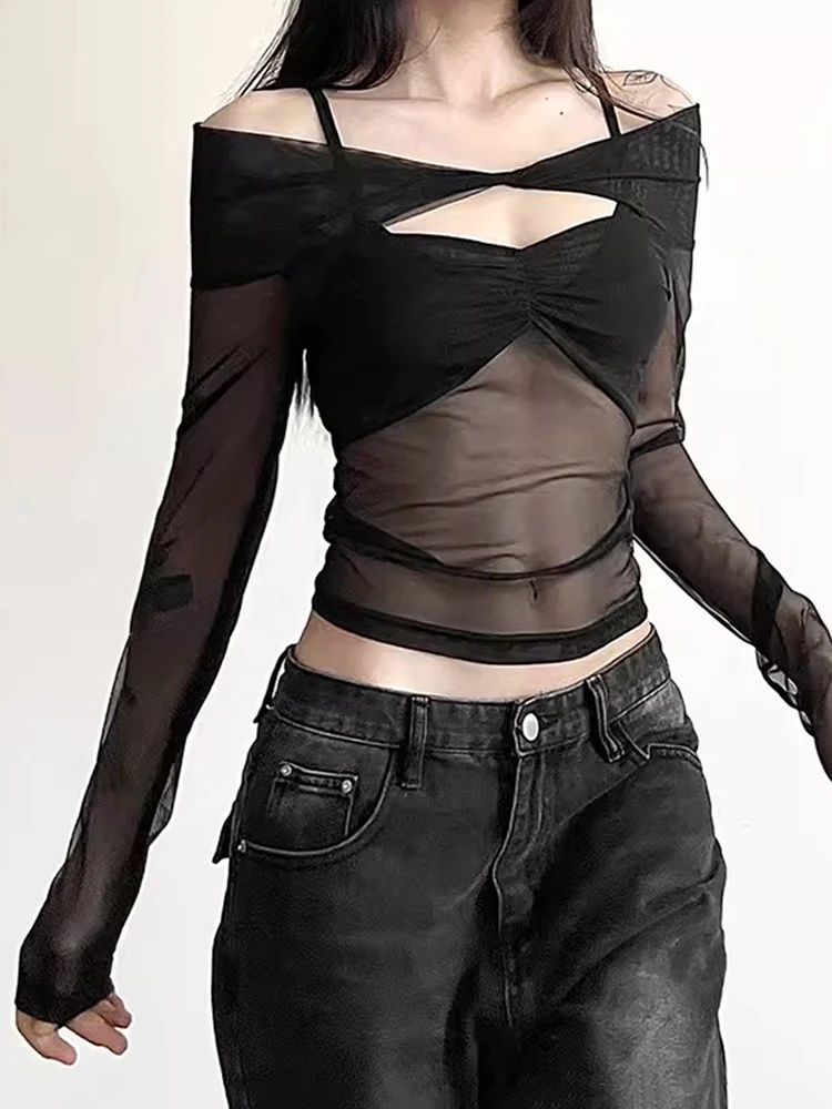 Футболка RORORIRI женская прозрачная сетчатая ретро черный топ с вырезом и V-образным