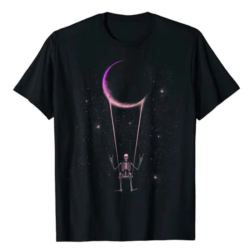 

Rock on Band Tees for Women Rock and Roll T Shirts for Men Funny Skull Print Emo Clothes Punk Style Skeleton Moon Graphic Outfit