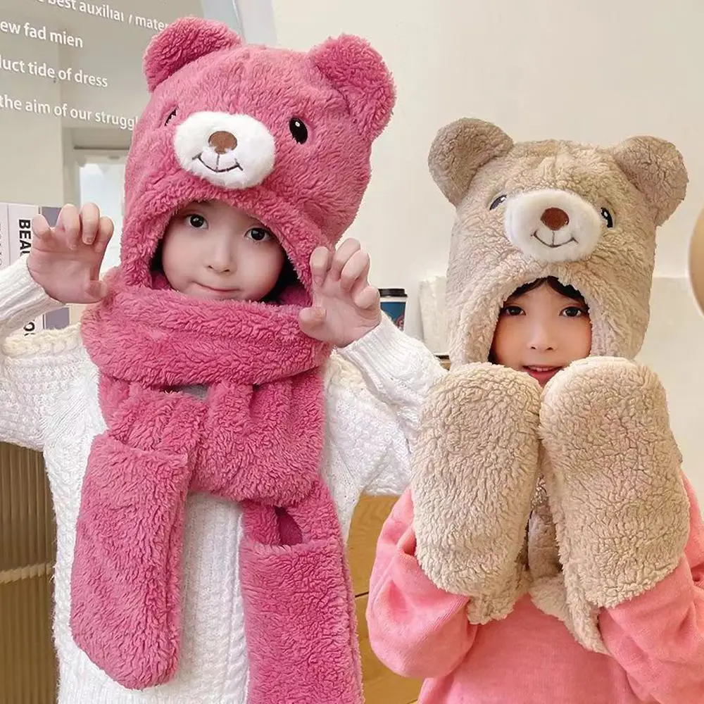 

Cute Bear Plush Hats Scarf Gloves 3-Piece Hoodie Hat Scarf Mitten Ear Protection Windproof Beanie Winter Woman Cap