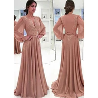dusty pink mother of the bride dress chiffon a line v neck long sleeves lace wedding party gown illusion belt sweep evening gown
