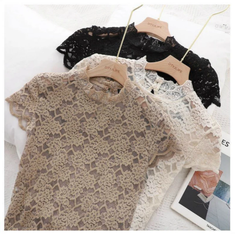 

Lace Bottoming Shirt Elegant Women's 2022 Western Style Autumn and Winter Sweater with Half-Collar Hollow Princess Style Top
